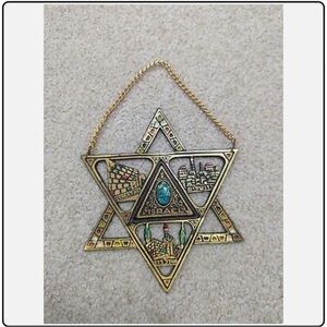STAR OF DAVID wall hanging brass & enamel 7" Jerusalem Israel Vintage 60s